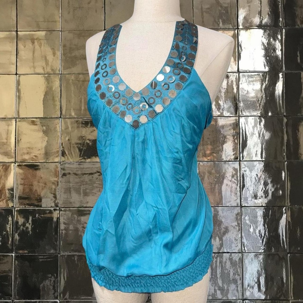Silk Teal Sequin Halter Going out Top